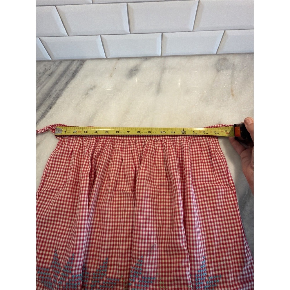 Vintage Hand Made Half Apron With Embroidery Red and White Check - Picture 7 of 9